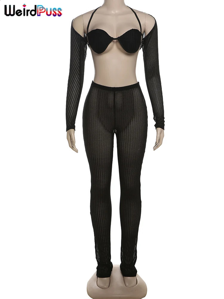 Weird Puss 3 Piece Set Women Tight Autumn Trend Spike Mesh Crop TopsBandage BraLeggings Matching Vacation Streetwear Outfits 250319