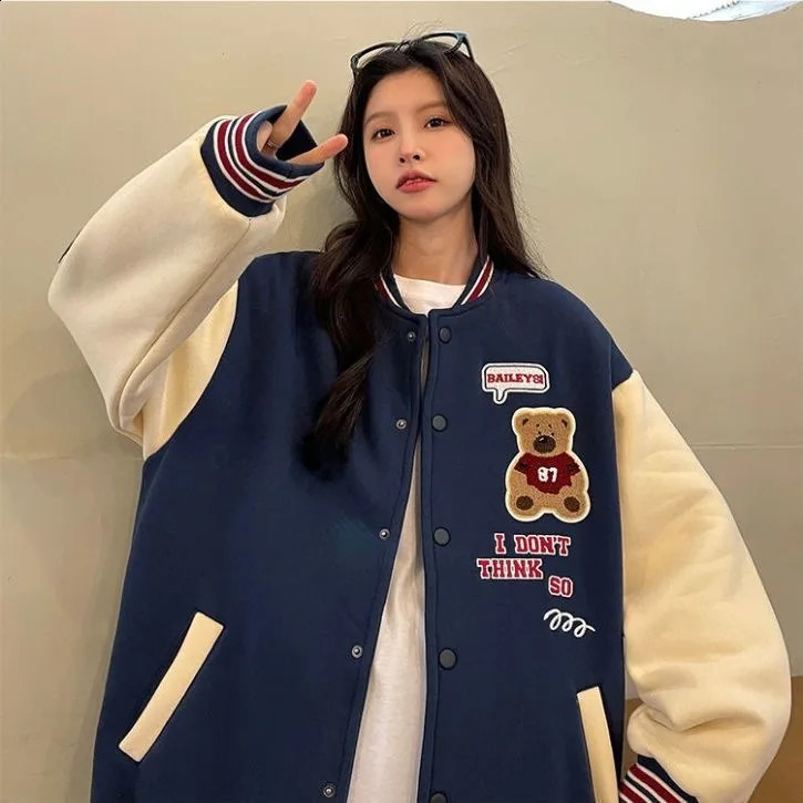 Autumn and Winter Paddle Leaf Thick Baseball Jacket Womens Bear Loose Couple 250317