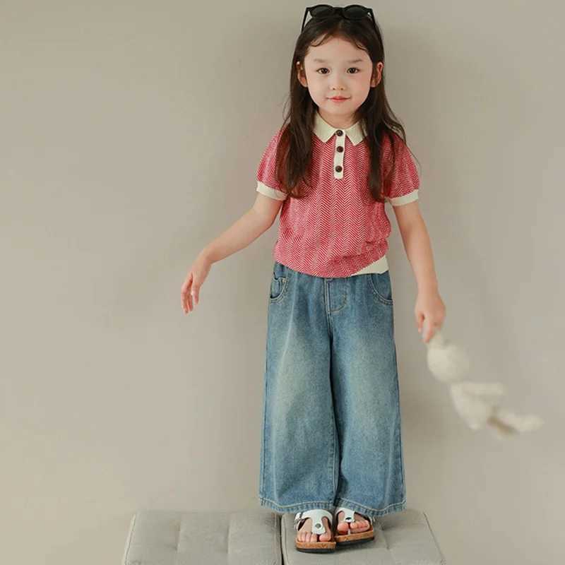 Summer and autumn childrens girls pants high-quality denim fabric girls loose straight jeans 3-8T casual pants wide leg pantsT250318