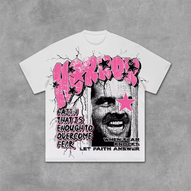 Shining Faith Over Fear Graphics Print Cotton TShirt Men Y2K Summer Short Sleeves Vintage Oversize Tshirt Streetwear Women Tops 250318