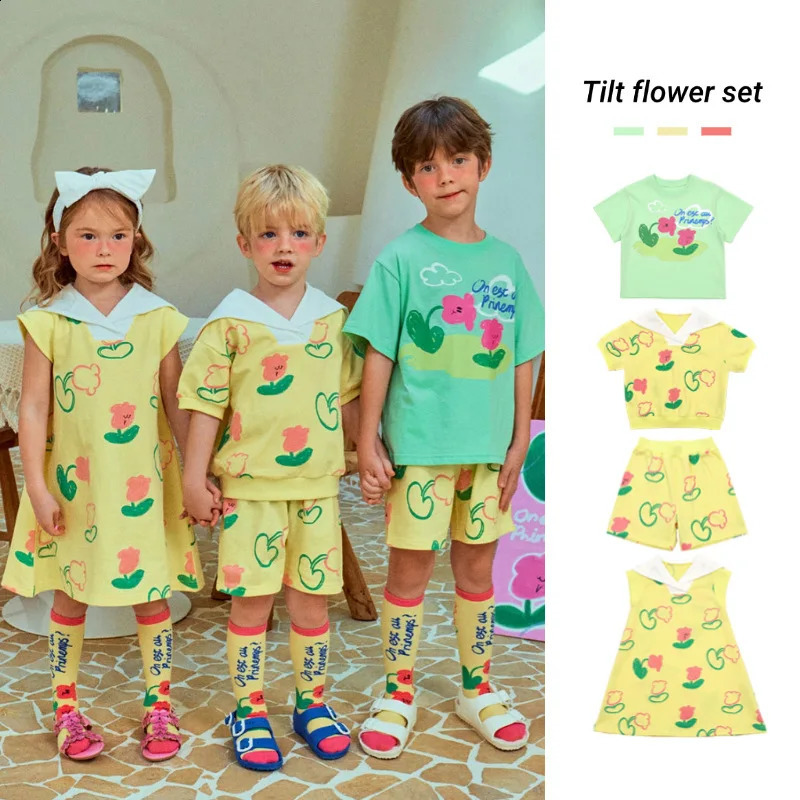 Childrens Short-sleeved Suit 2025 Summer Printing Lapel Fashion Boys T-shirt Cotton Sweet Girl Dress Childrens Clothing 250319