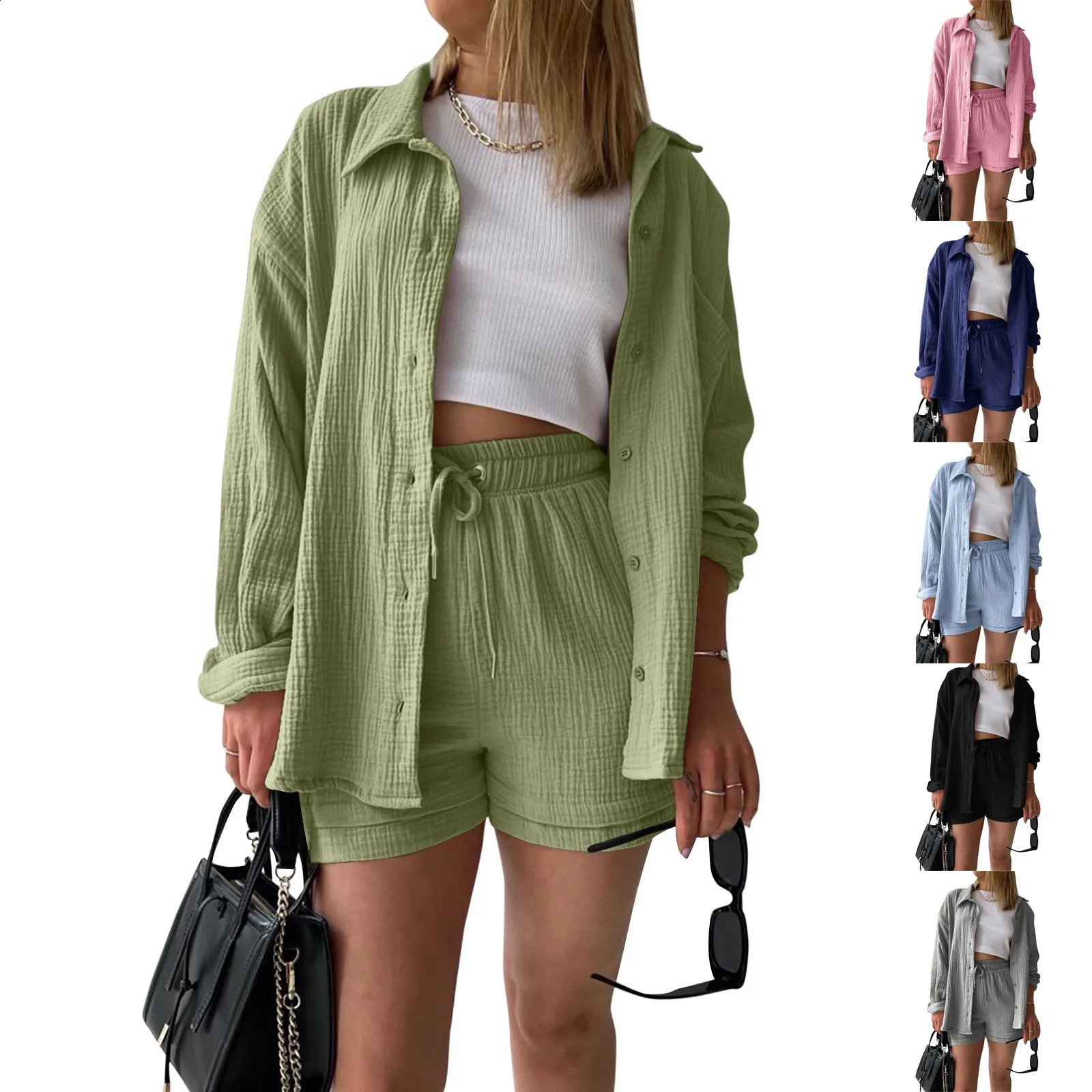 Two Piece Womens Summer Muslin Blouse Shirt And Shorts Clothes Two Piece Set Beach Outfit Set Two Piece Set Women Suits 250318