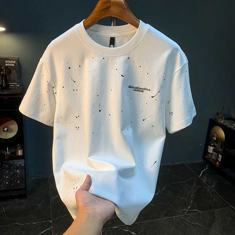 2025 Summer Trend Inkjet Printed T-shirt Short Sleeve Mens Thin Round Neck Large Size Breathable Embroidered White TopT250318
