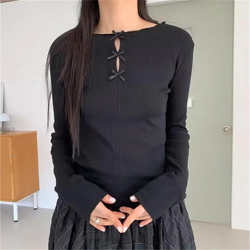 Bow Hollowed Out Sweet T-shirt Summer Slimming Long Sleeved T-shirt Women Blouses Korean Spicy Girl Bottoms Y2k Korean Tops 250319