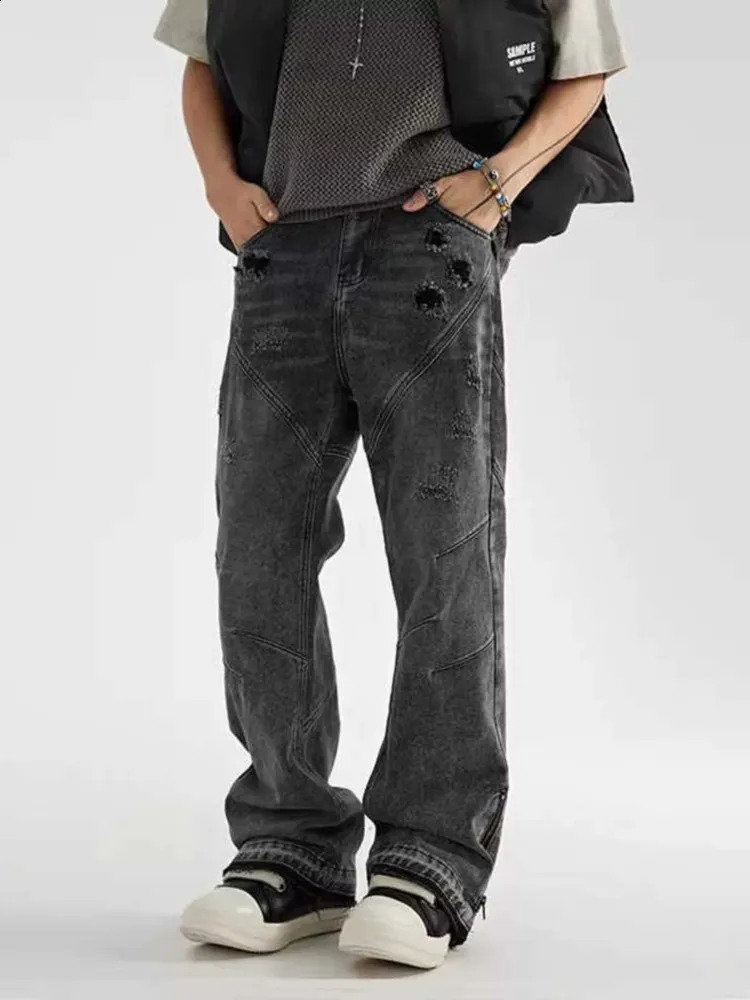 Cyber Y2K Streetwear Wrinkled Pocket Jeans Mens 90s Retro Clothing Ankle Zipper Hip Hop Cotton Pants 250317