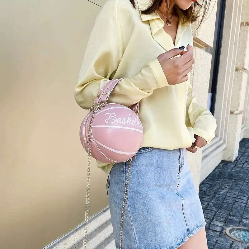 Women Shoulder PU Leather Chain Basketball Bag New Letter Print Teenagers Handbag Fashion Crossbody Bags Female