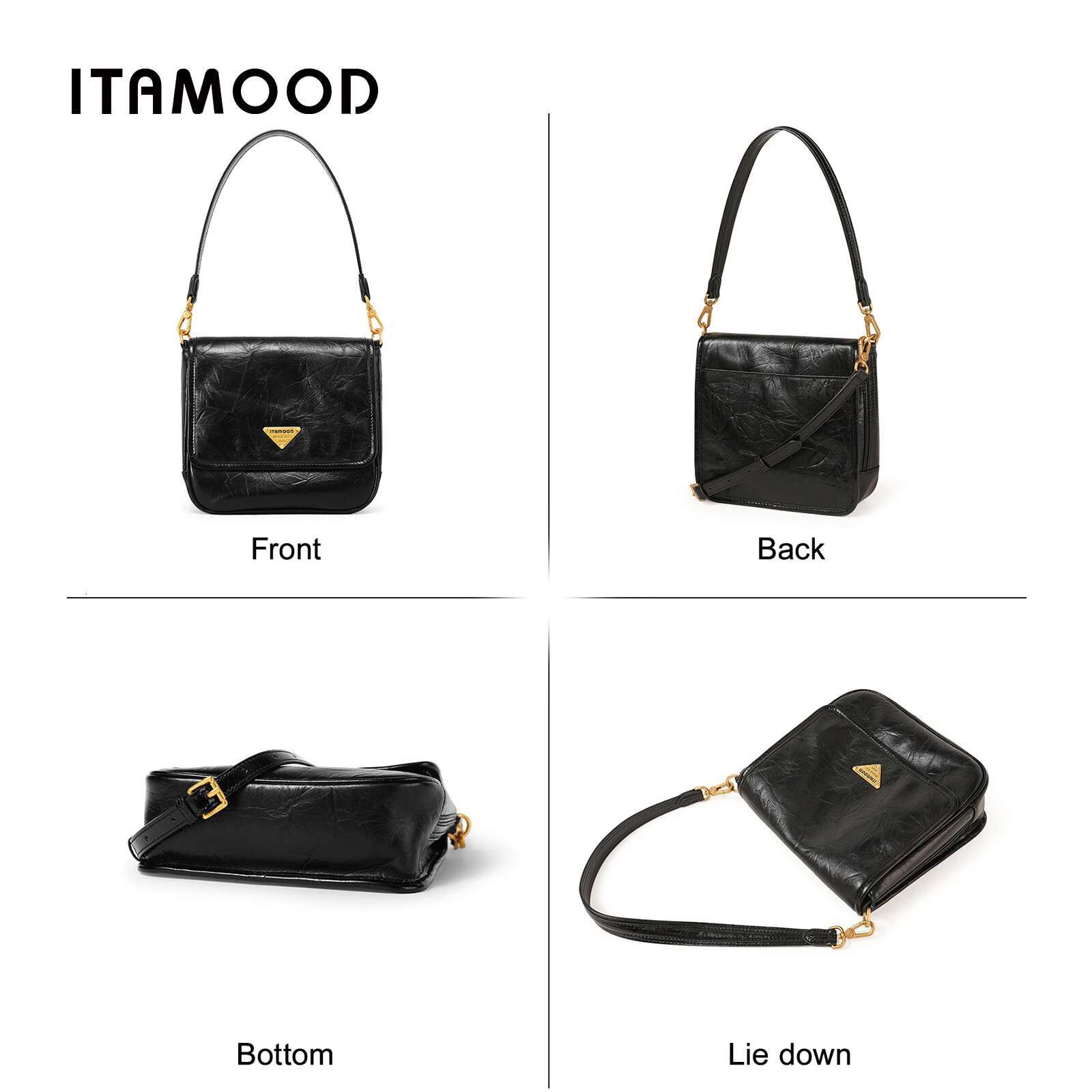 ITAMOOD Vintage-Style Shoulder Bag With Adjustable Strap 2-Layer Cowhide Leather Water-Resistant Magnetic Closure