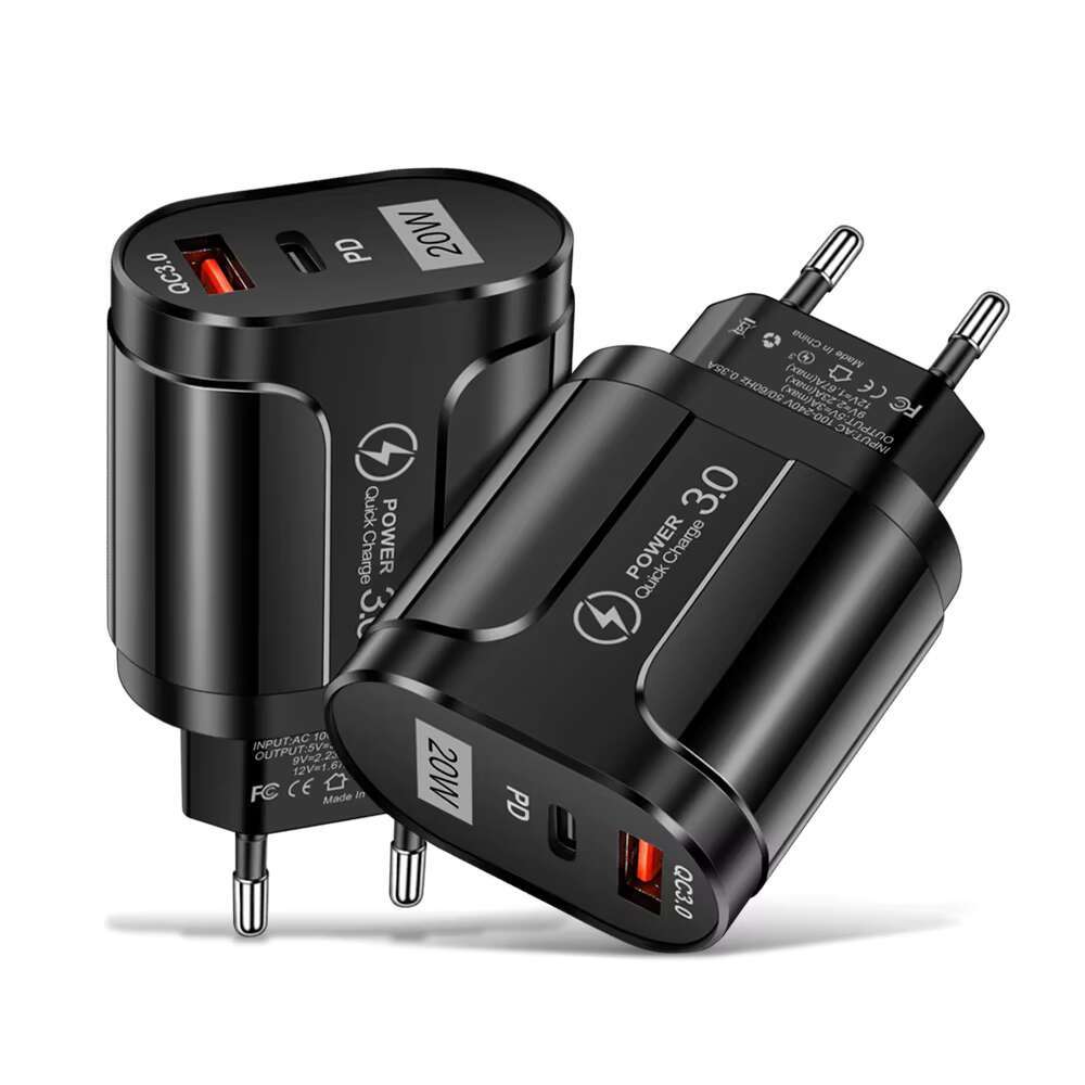 CE ROHS FCC EU US Dual Ports PD 20W QC 3.0 USB Wall Charger Type C Fast Charging for iPhone Samsung