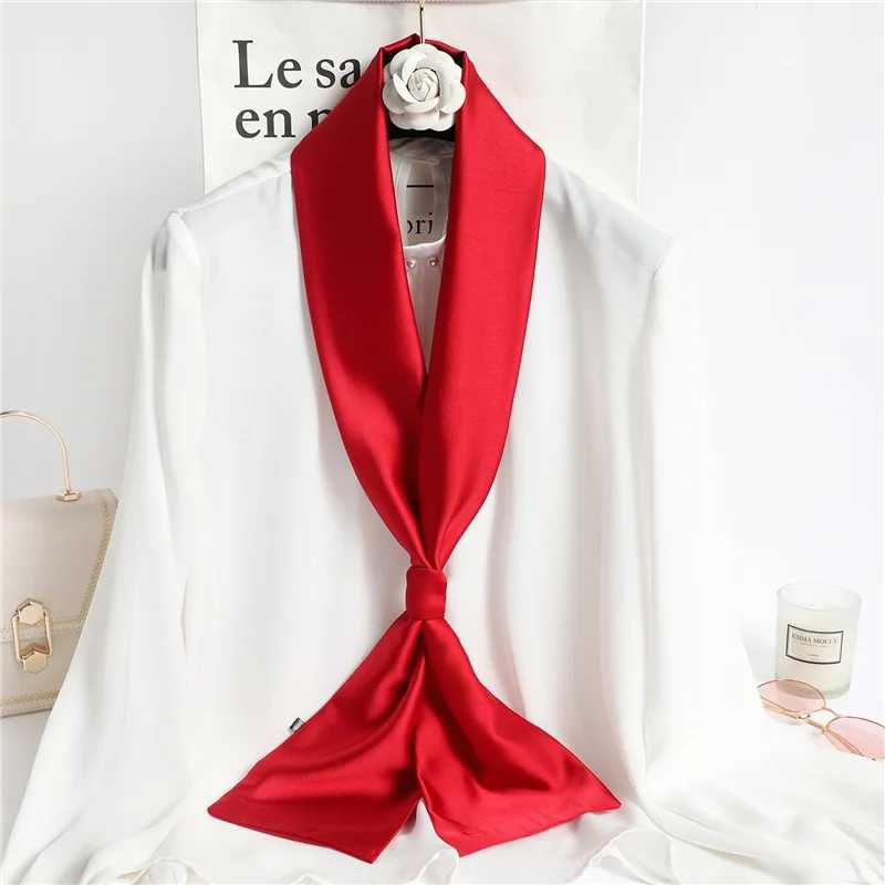 Solid color collar long hair scarf Fem silk satin neck scarf 14 * 145CM fashionable belt flat bag scarf 2023 X250319