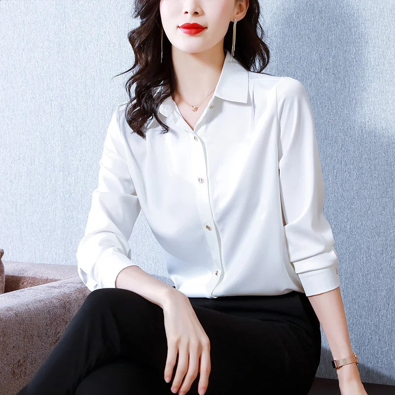 #2510 Satin Shirts Women Long Sleeves Office Shirt Ladies Solid Color Silk Woman Shirt Elegant Womens Tops And Blouses Spring 250318