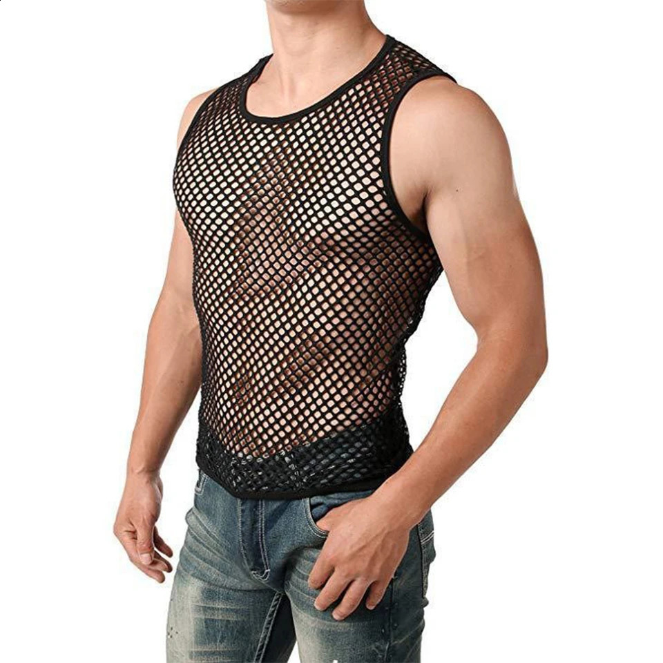Mens Sexy Tank Top Transparent Mesh Undershirt Fishnet Vest String Sleeveless Shirts Male See Through Night Clubwear Slim Sport 250319