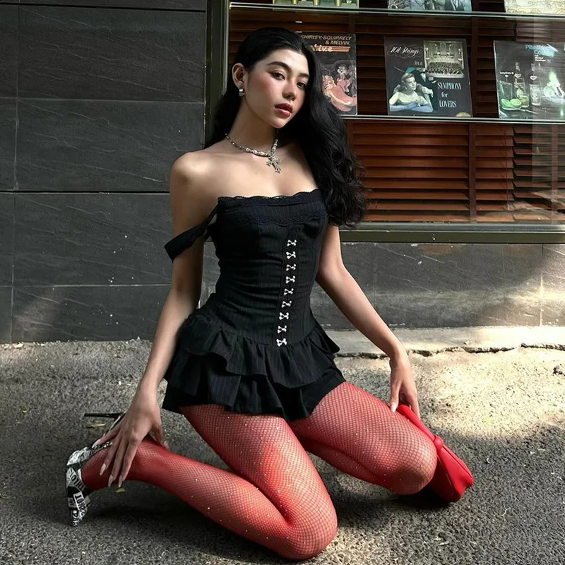 Y2k Stacked Rufflies Mini Dress For Women Classic Hipster Patchwork Suspendency Skinny Vestidos Female Summer Streetwear 250319
