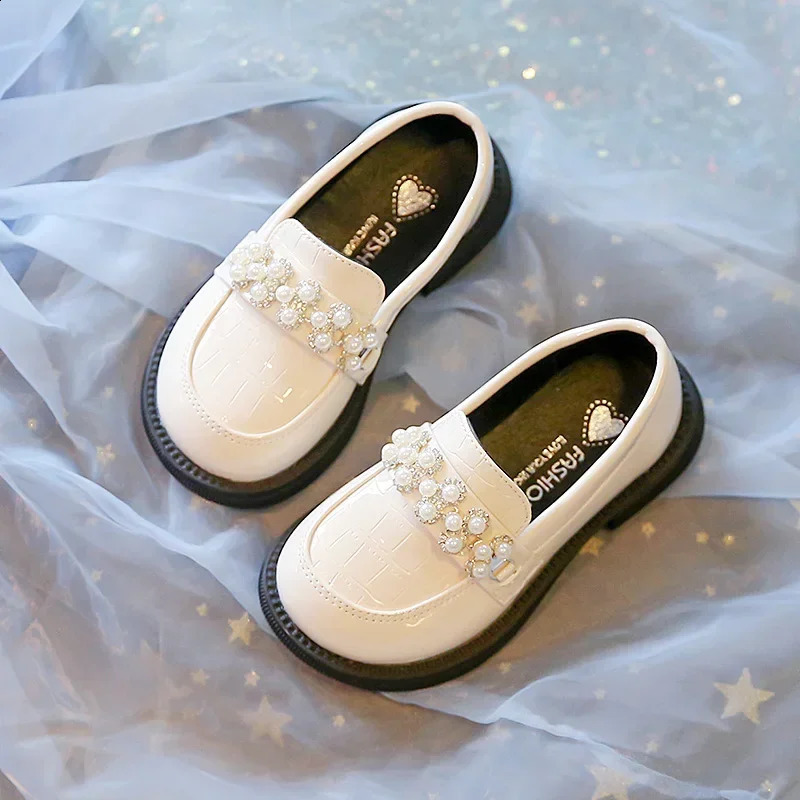 Kids PU Leather Shoes Spring Autumn Fashion Girls Pearls Casual Princess Flats Soft Loafers Simple Children Black Beige 250319
