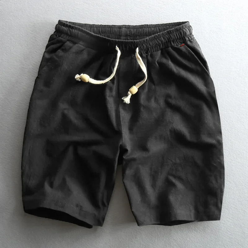 Schinteon Summer Men Casual Cotton Linen Shorts Knee Length Beach Elastic Waist Shorts Solid Color Comfortable Pants 250317