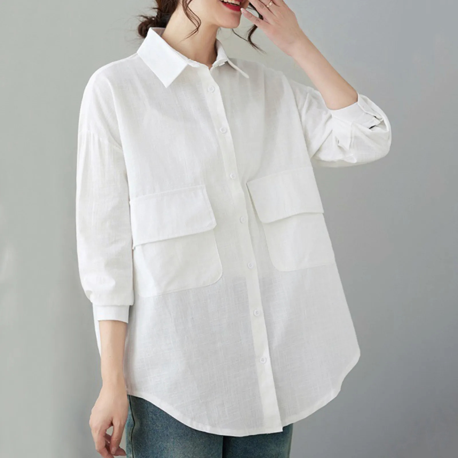 Cotton linen womens long sleeved pocket button Safari casual top Harajuku plus size curled hem lapel shirt 3XL 250318
