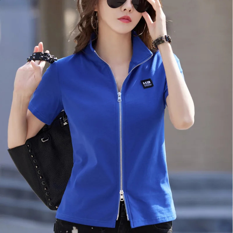 #0219 Summer Short Sleeve T Shirt Women Zipper Slim Cotton95% Korean Style Office Short T-shirt Female Polo-neck Solid Color 250318