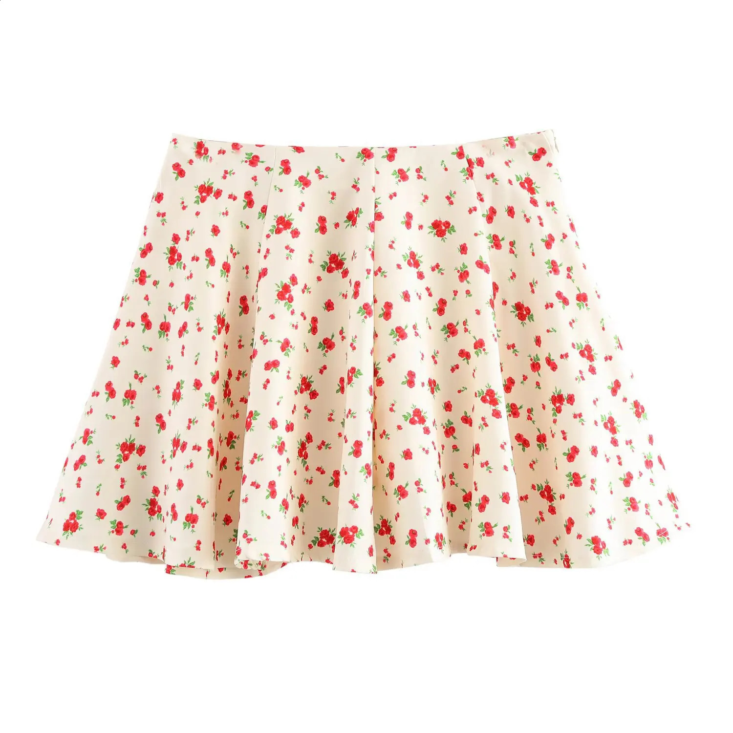ZBZA Women Floral Print Vest Pleated Skirt Set Square Collar Single Breasted Crop Top High Waist Zip Aline Summer 250318