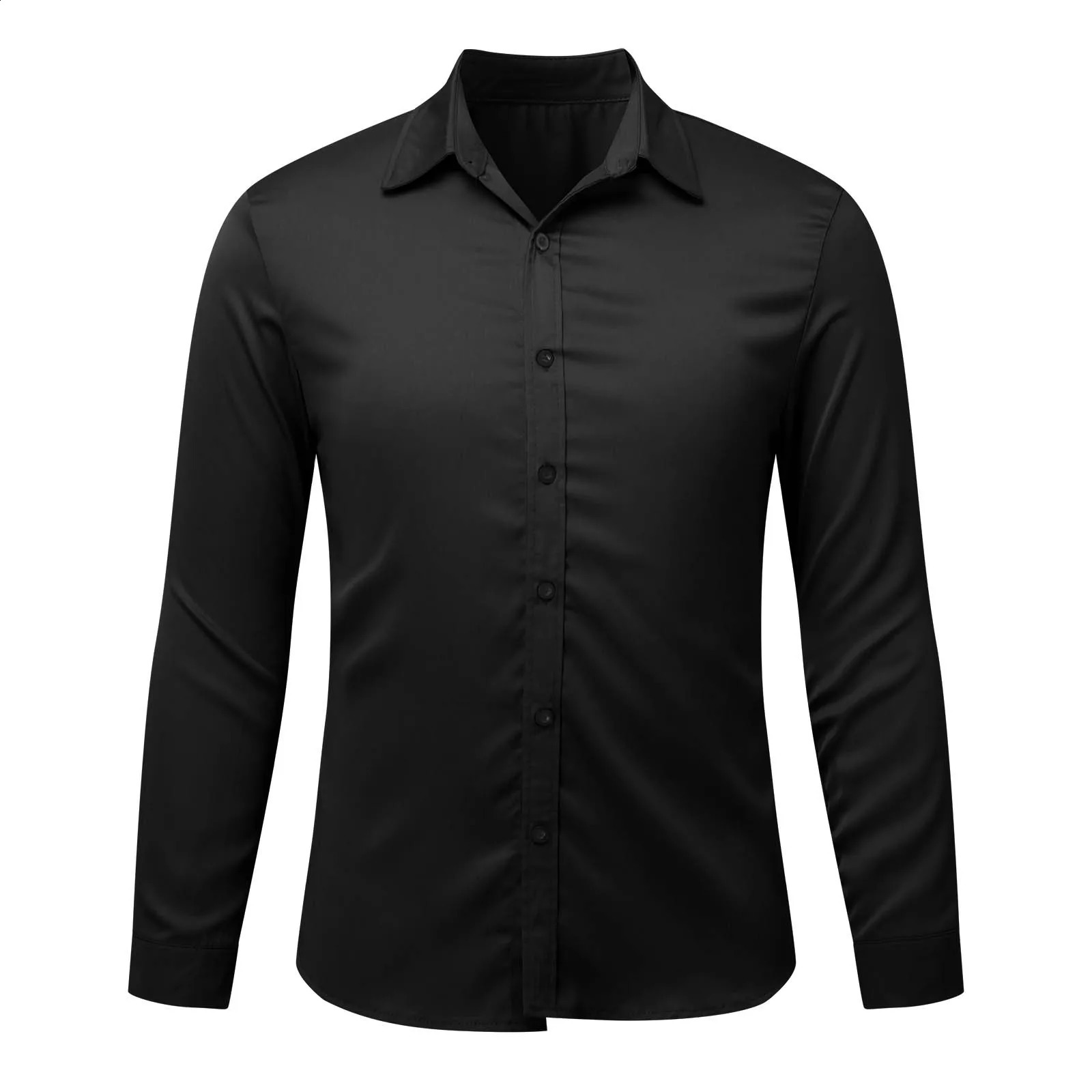 Mens Black Satin Shirt Stretch Wrinkle Formal Wedding Prom Long Sleeve Dress Shirt Casual Bussiness Slim Fit Button Down Shirts 250318