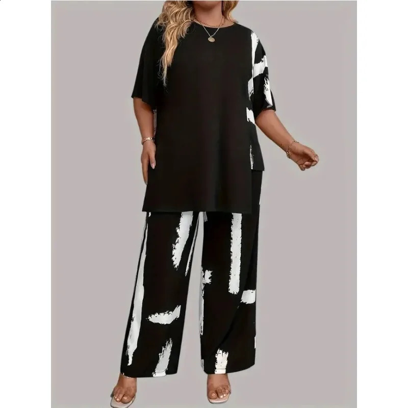 Plus Size Womens Brush Print Elegance Short Sleeve Round Neck Split Top Matching Pants 2 Piece Outfit Set 250318