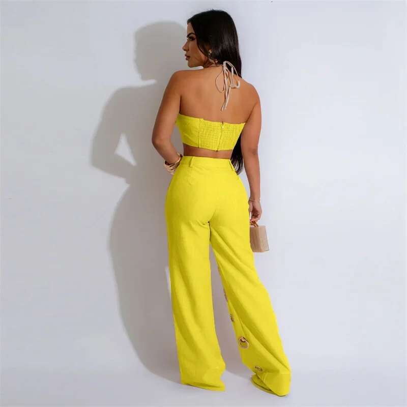 Sexy Night Party 2 Piece Sets Women Outfit Clubwear Festival Clothing Halter Crop Top And Pants Conjuntos Femininos Elegantes