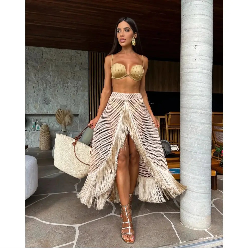 2025 Swimsuit 3 Pics Set with Tassel Skirt Bikini Women Swimsuit Button High Waist Swimwear Bathing Suit Beachwear Biquini 250319