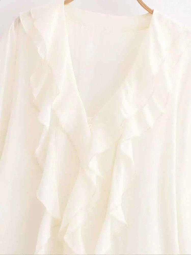 European style womens fashion versatile simple sweet loose Vneck layered decorative ruffle white shirt 250319