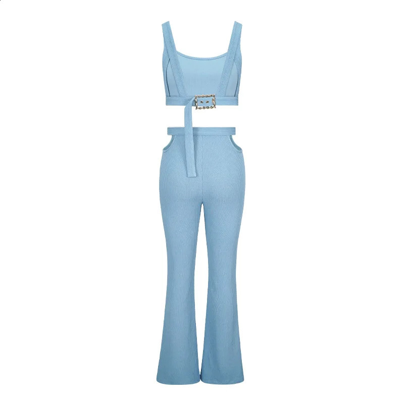 CM.YAYA Fashion Knit Womens Set Tank Top and Cutout Waist with Belt Wide Leg Flare Pants Two 2 Piece Set Outfits Tracksuit 250319
