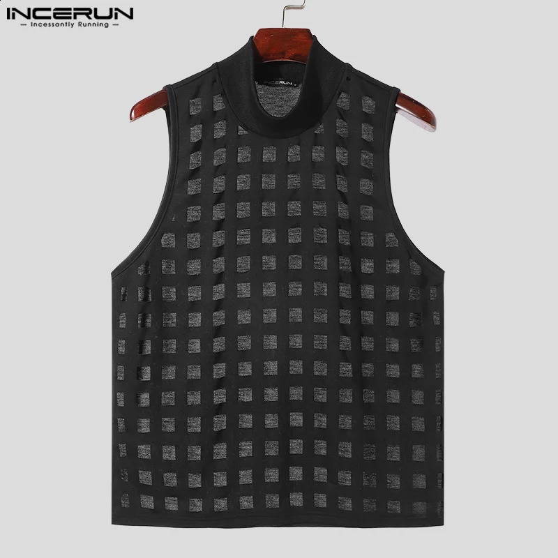 INCERUN Men Tank Tops Hollow Out Solid Color Turtleneck Sleeveless Casual Male Vests Sexy 2024 Streetwear Fashion Clothing 250319