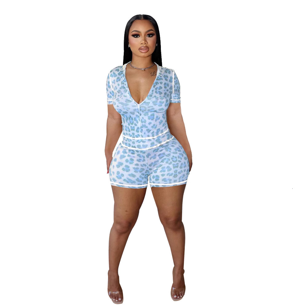 Summer Shorts Two Piece Set For women Leopard Print Zipper Hooded Print Contrasting Color Tight Fitting Hip Lifting Short Sleeved Clothes