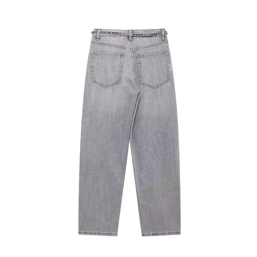 Womens Fashion Mens Denim Solid Pants Womens Belt Decoration Mid Waist Balloon Version Zipper Pocket PantsT250319