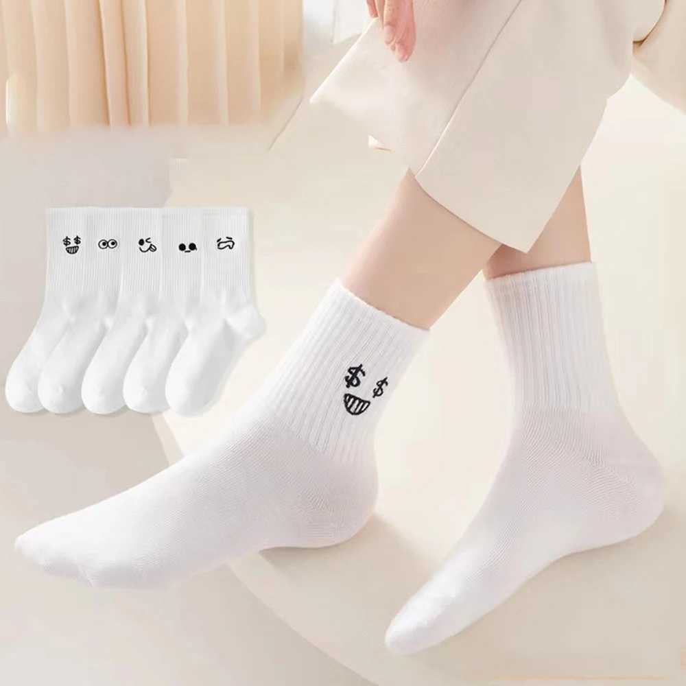 5/10 pairs of womens white cartoon socks fashion version expresses socks with simple design soft breathable comfortable and casual socks X250319