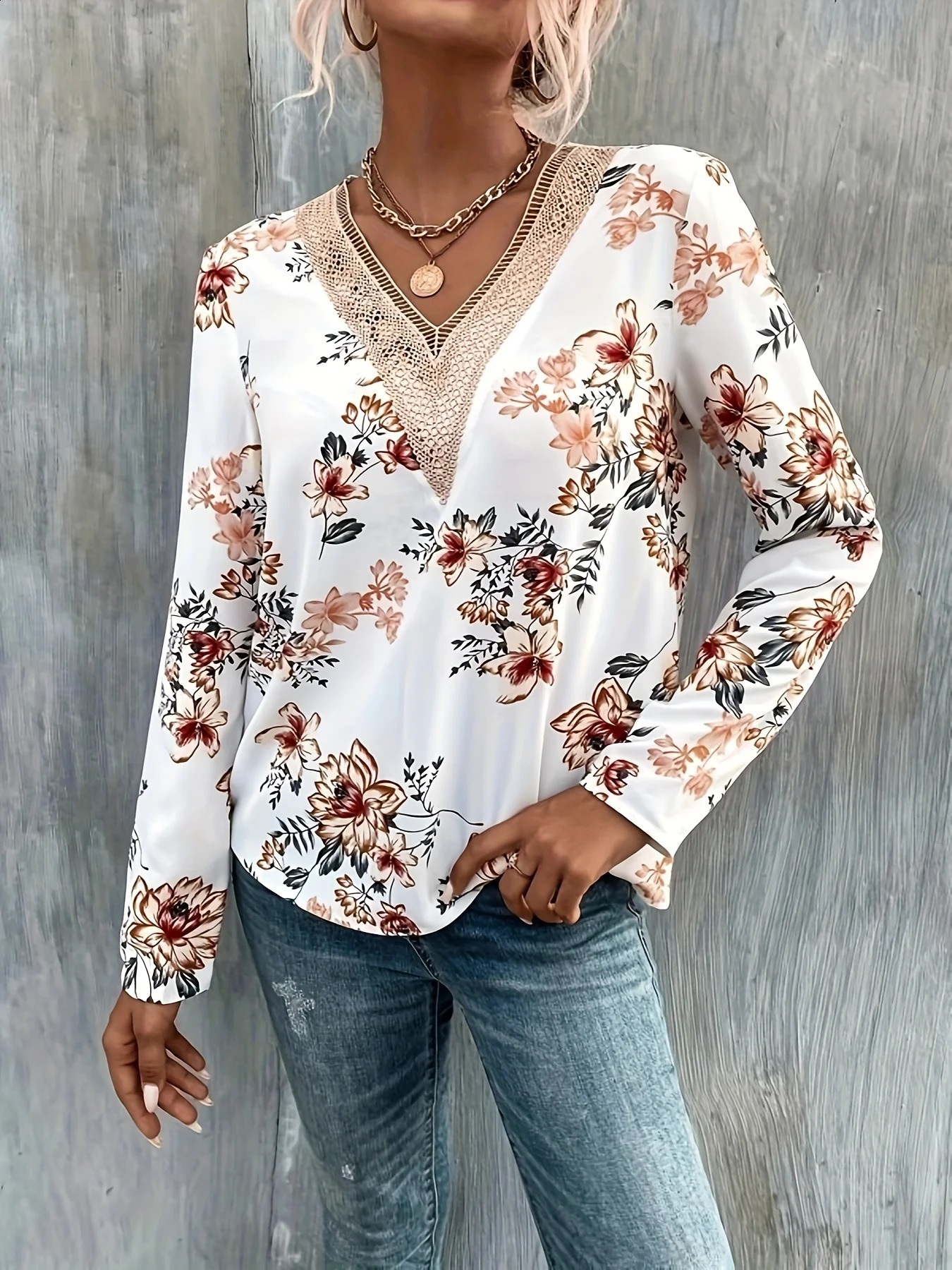 Spring and summer womens lace Vneck long sleeved printed shirt fashionable n showcasing French elegance charm 250319