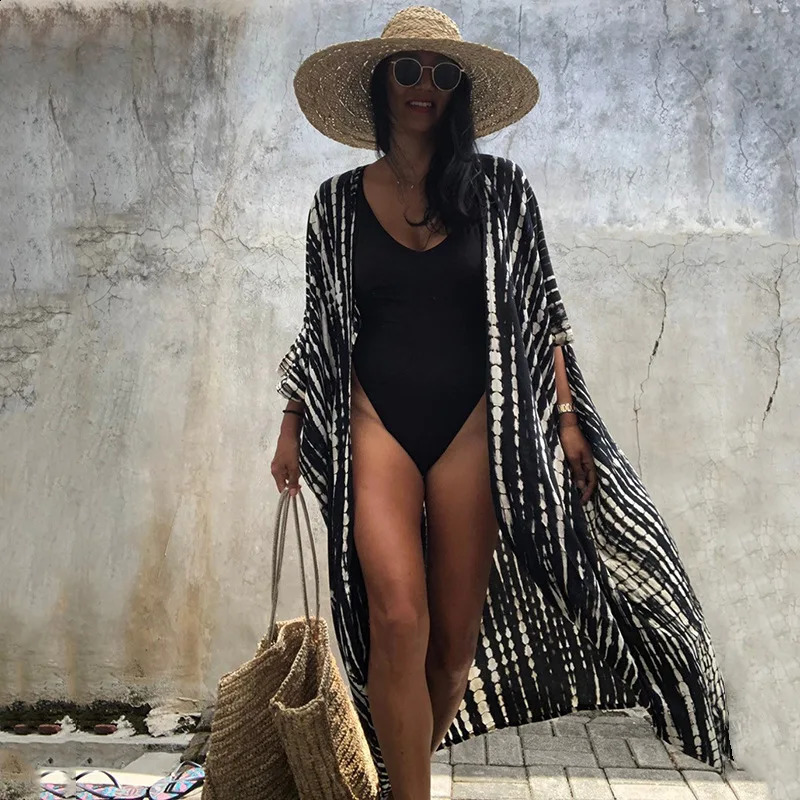 Beach Cover Ups for Swimwear Women Black Tie Dye Kimono Swimsuit Cape Summer Dress Beachwear Outfit Oversized Loose 250319