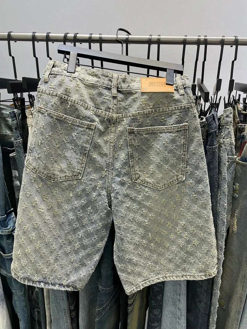 Fashion Casual Summer Light Blue Distressed Men Denim Smart Straight Leg Loosen Male High Street Niche Design Tide Shorts