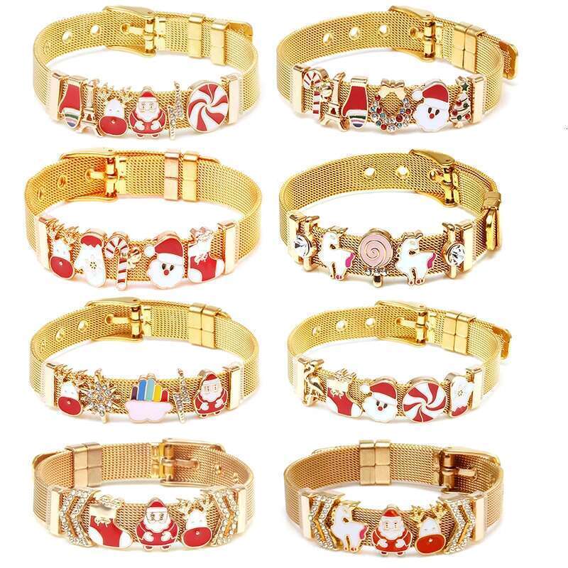 2024 Christmas Gift Gold Color Charm Mesh Bracelet With 10mm Santa Claus Beads Stainless Steel Bracelet Bangle For Women Jewelry