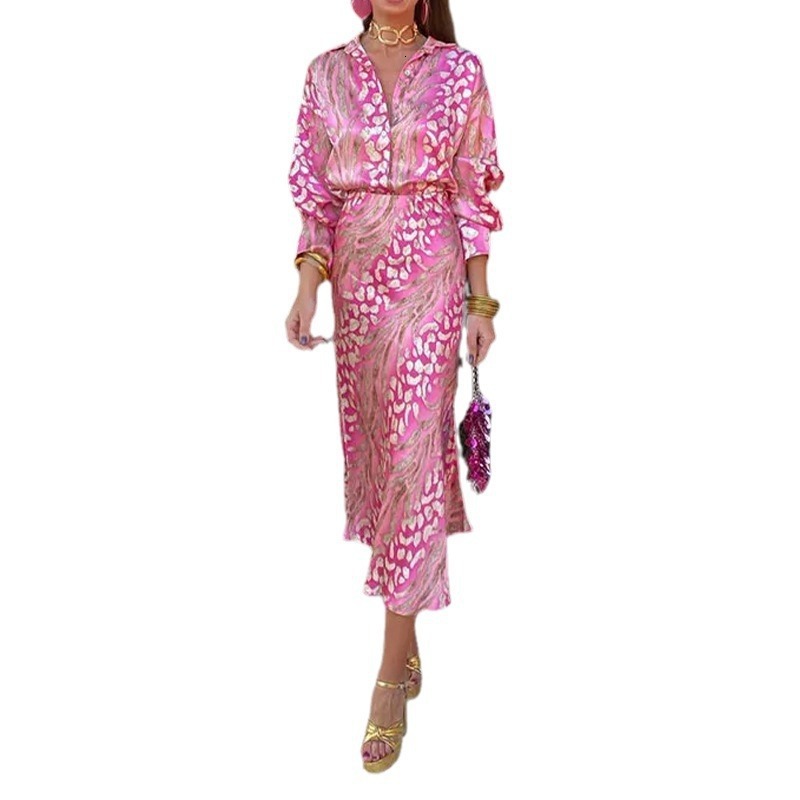 Women's clothing 2024 autumn new elegant printed lapel long sleeved shirt high waisted skirt fashion set