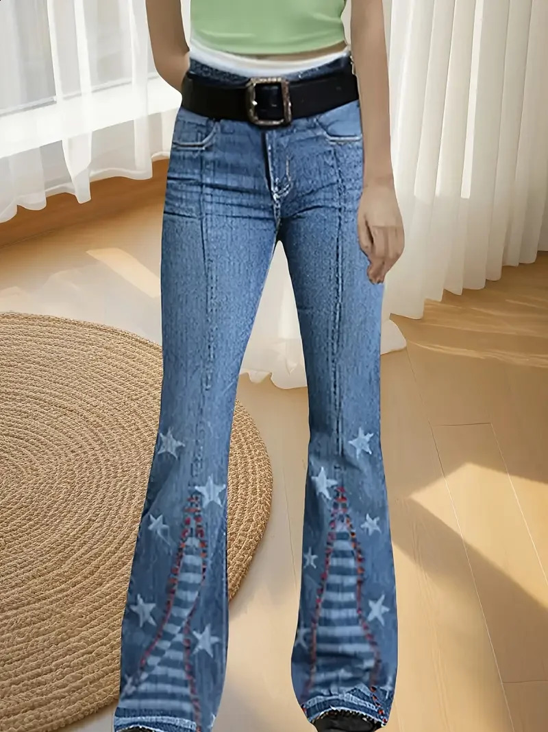 Huangs Cruel Ladies Hannah Sim Flare Denim Jeans Laser Printed Stars Raw Hem Western Womens Comfortable Stretchy Pants T05 250317