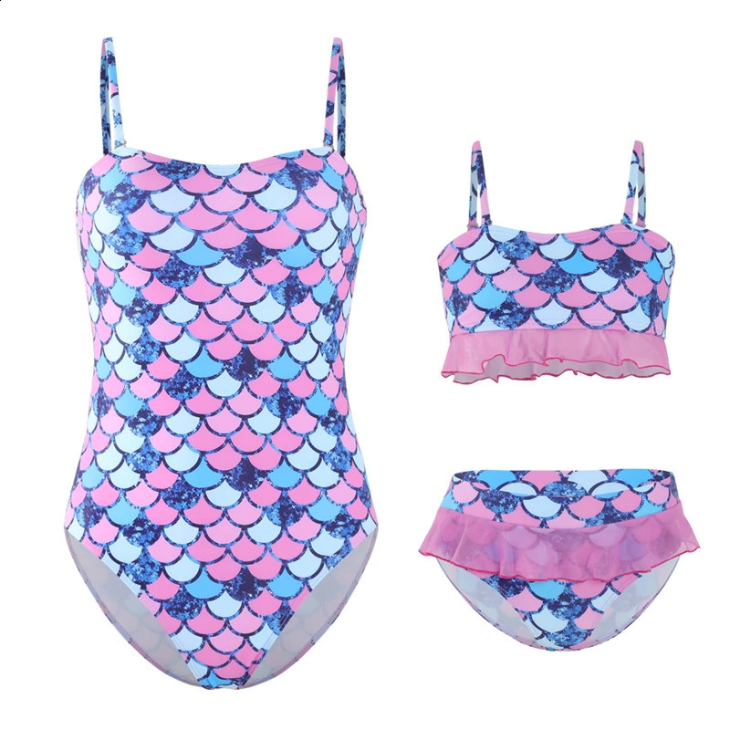Rainbow Mother Daughter Matching Swimsuits Family Set Mermaid Mommy and Me Swimwear 3pcs Women Girls Bikini Dresses Clothes 250319
