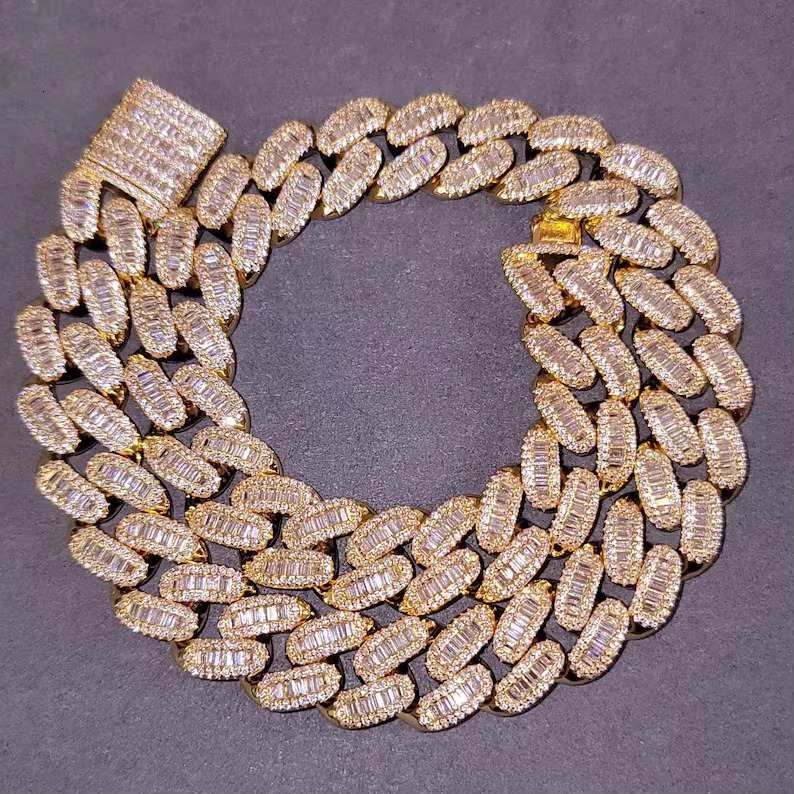 Baguette Cut 14mm Miami Chain VVS Iced Out Diamond Moissanite S925 Gold Plated Hip Hop Jewelry Cuban Link Chain for Men