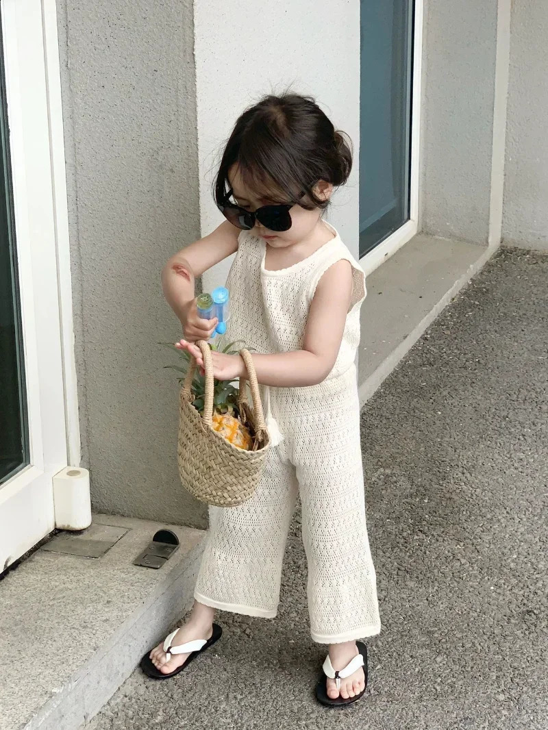 Girls Clothing Sets Summer Korean Thin Knitted Girl Set Children Hollow Breathable Vest Wide Leg Pants Two-piece Suit 250319