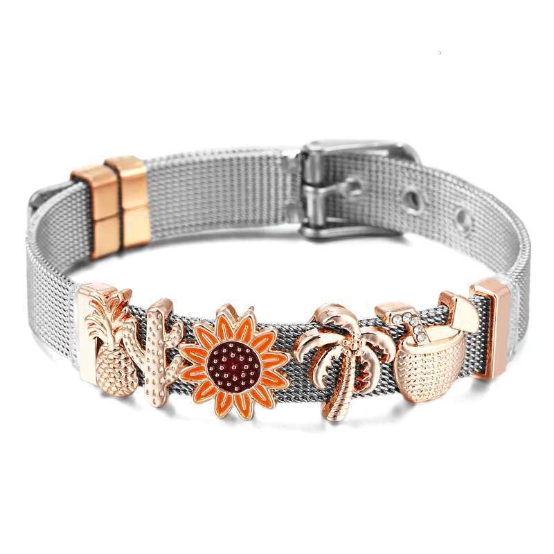 Summer Vacation Series 10mm Beads Charm Bracelets DIY Stainless Steel Mesh Bracelets Pulseras Mujer For Women Men Jewelry Gift