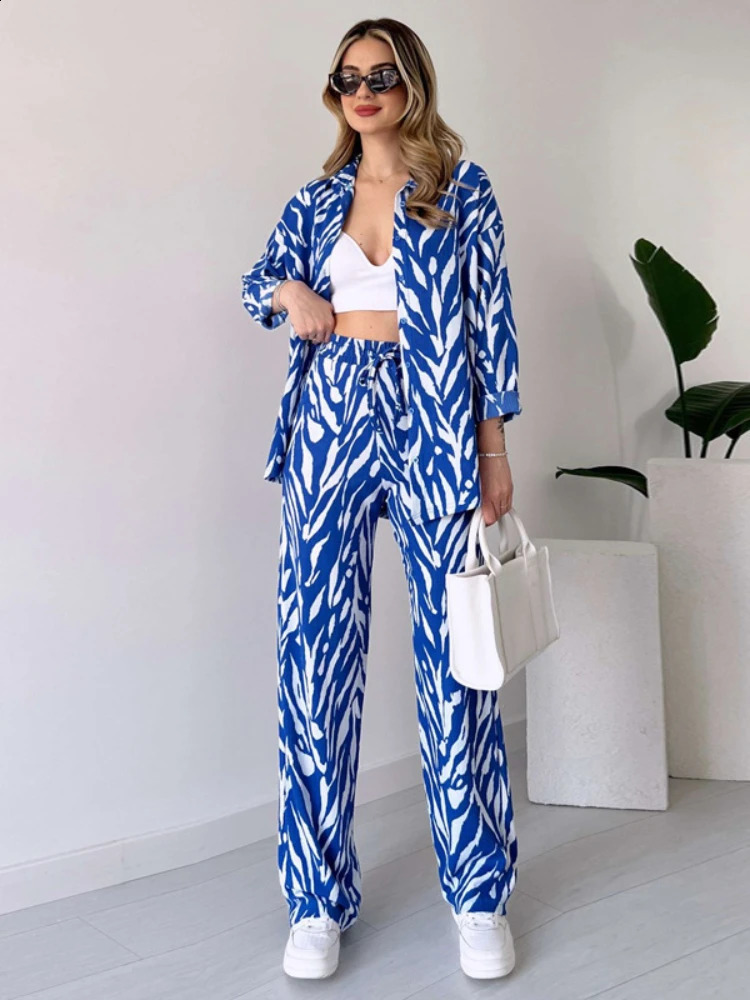 Womens 2piece Set Casual Daily Shirt Fashion Spring Summer Printed 2 Piece Outfit Wide Leg Pants Twopiece 250319