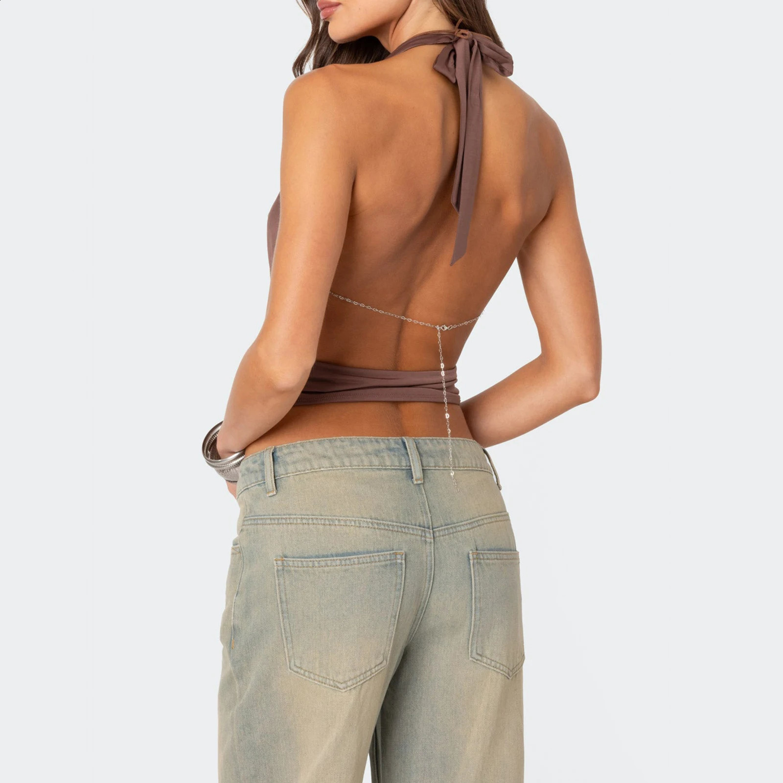Womens solid color cut camisole collar camisole sleeveless open back deep V-neck slim fit vest top 250314