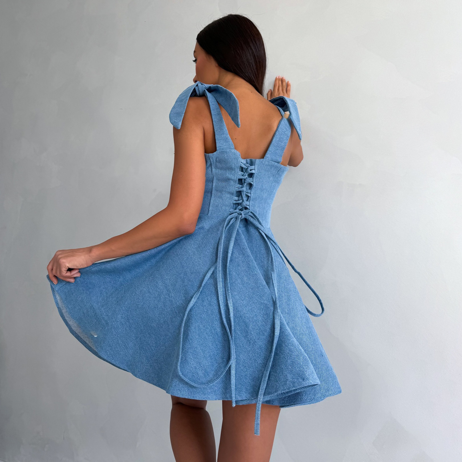 Fashionable spicy girl square collar tied fishbone waist autumn and winter street style denim dress for women