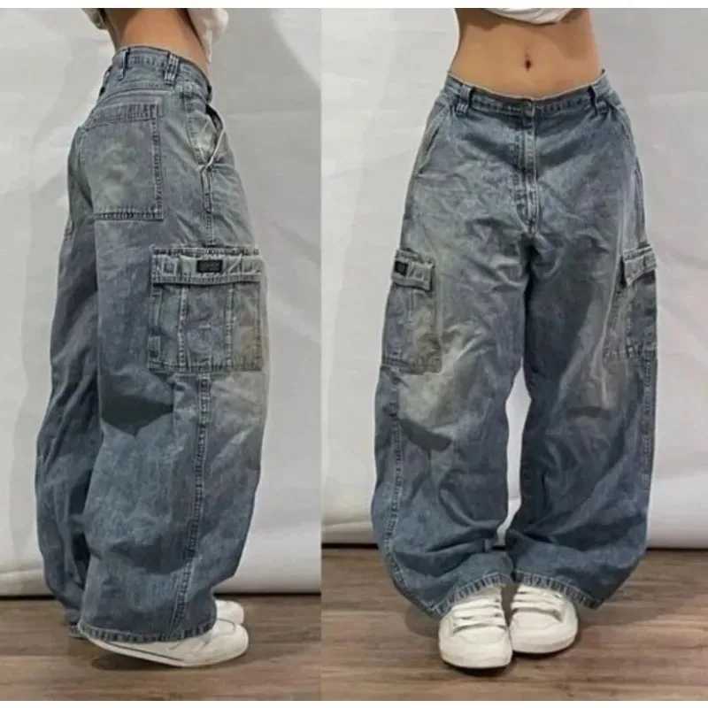 American New Fashion Solid Color Bag Wash Jeans Y2K Street Clothing Retro Fashion Clown Mens and Womens High Waist Wide Leg PantsT250319