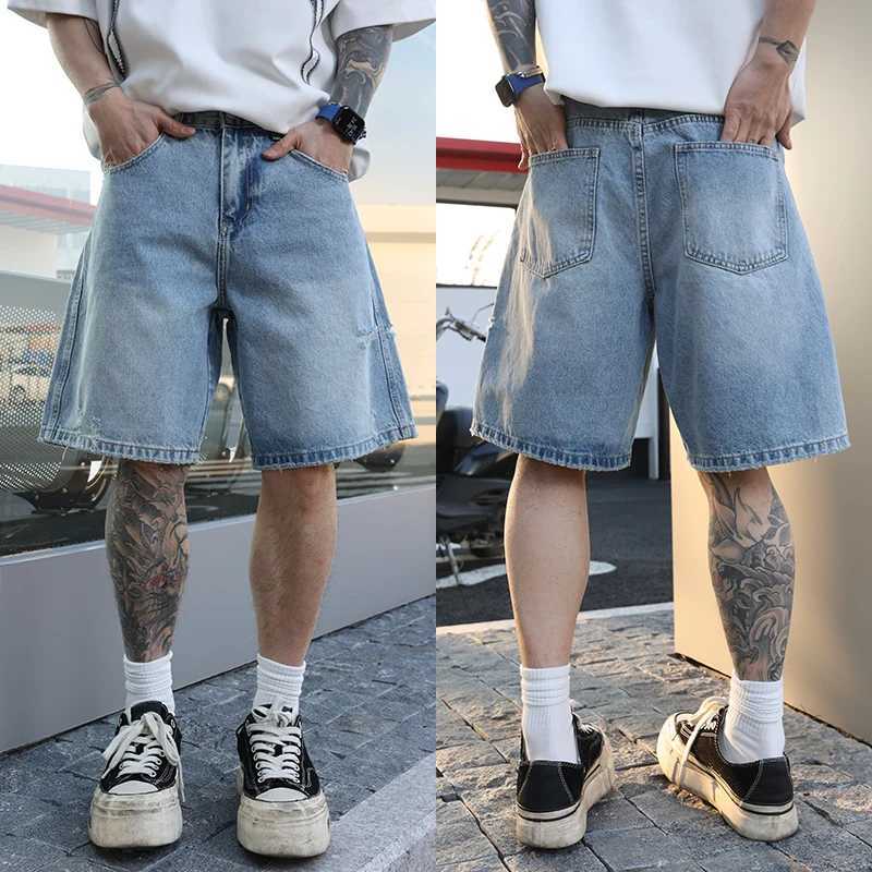 American retro washed loose jeans shorts simple matching mens summer straight trend casual five point pants W250319