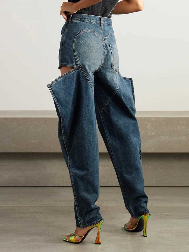 VGH Streetwear Womens Hollow Jeans High Waist Retro Casual Loose Straight Leg Jeans Womens Fashion ClothingT250319