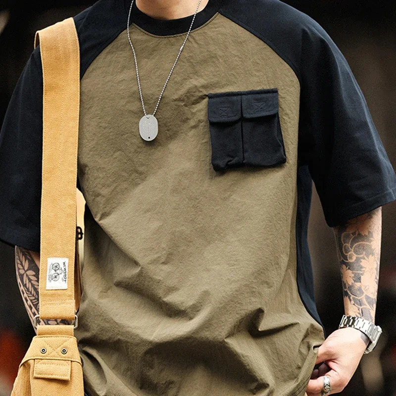 American retro pocket patch mens summer casual cotton short sleeved round neck Tshirt Y2K streetwear 250318