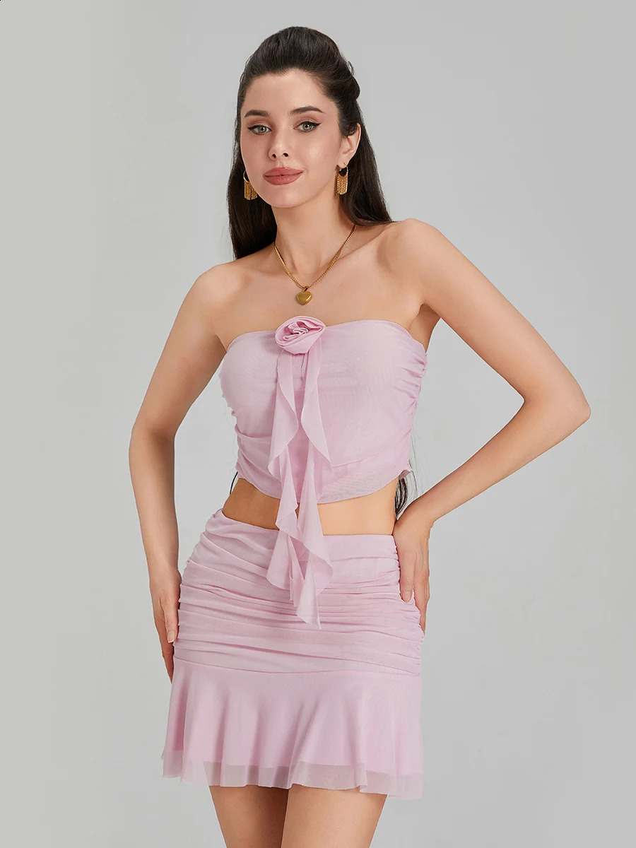 Womens 2 Piece Skirt Outfits Sleeveless Off Shoulder Mesh Bandeau Pink Mini Skirt Set 250319