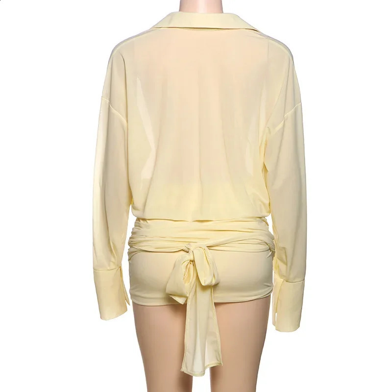 Summer Single Breasted See Through Bodycon Ruched Mini Shirt Dress Outfit Fashion Long Sleeve Lapel Beach Dresses 250318